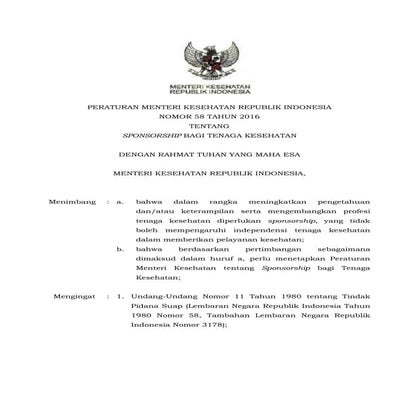 PMK no. 58 tahun 2016 tentang Sponsorship Bagi Tenaga Kesehatan