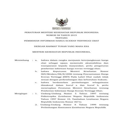 Pmk no. 98 ttg pemberian informasi harga eceran tertinggi obat