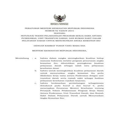 Pmk no. 92 ttg juknis kerja sama puskesmas, unit transfusi darah dan rs