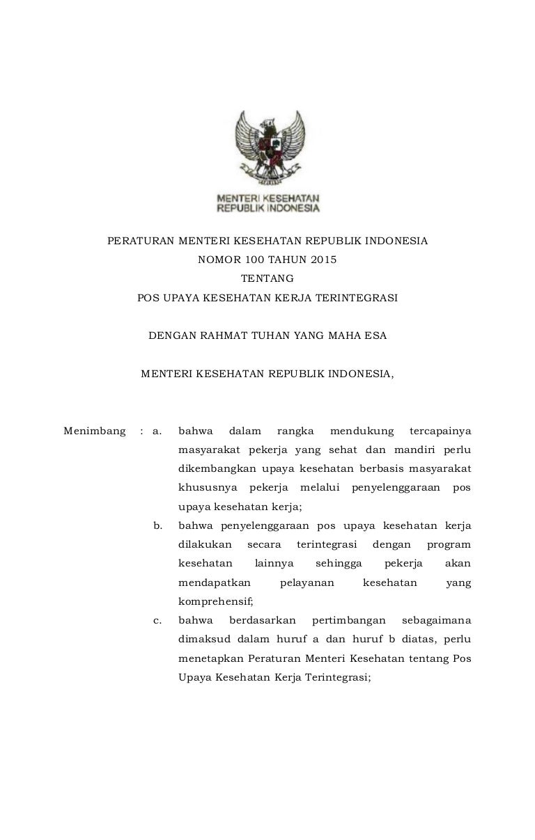 Pmk No 100 Ttg Pos Upaya Kesehatan Kerja Terintegrasi