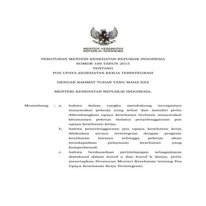Pmk no. 100 ttg pos upaya kesehatan kerja terintegrasi