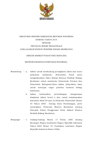Permenkes No. 3 Tahun 2019 tentang Juknis penggunaan Dana alokasi khusus nonfisik Bidang Kesehatan Tahun 2019