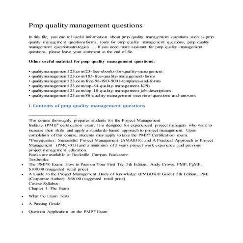Pmp quality management questions