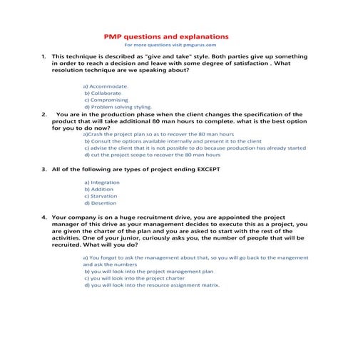 Pmp questions and explanations