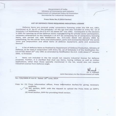 Revised defence products list for mandatory Industrial licensing