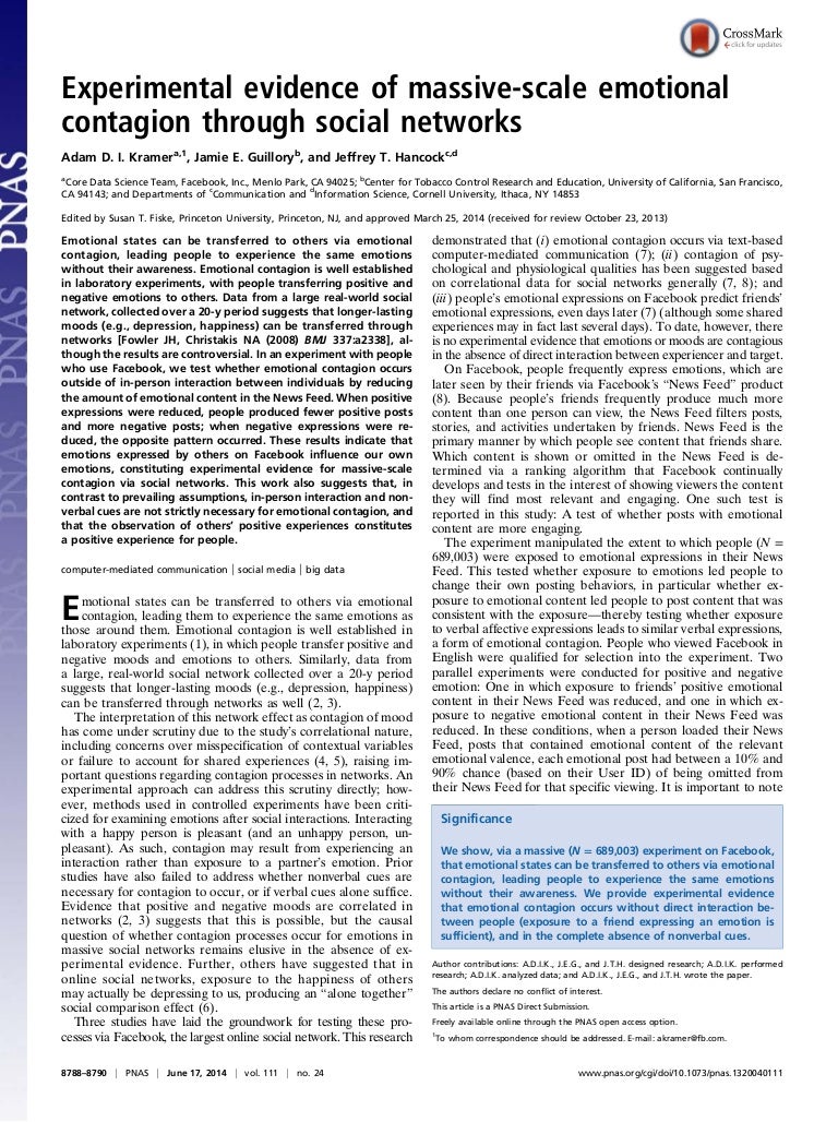 Experimental Evidence Of Massive Scale Emotional Contagion Through So