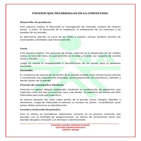 Pocesos que desarrollan en la confeccion claudia