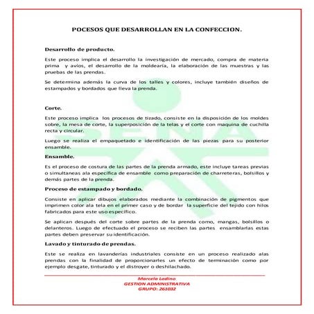 Pocesos que desarrollan en la confeccion marcela