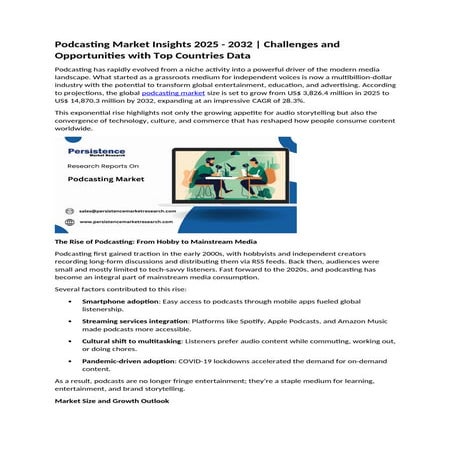 Podcasting Market Insights 2025 - 2032 | Challenges and Opportunities with To...