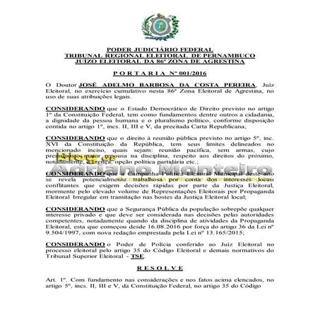 Portaria Nº 001/2016 - 86ª Zona Eleitoral de Agrestina