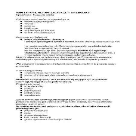Podstawowe Metody Badawcze W Psychologii