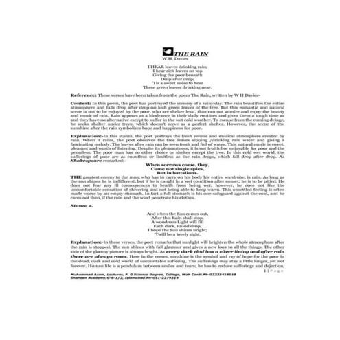 Poems FSc-I (ENGLISH-BOOK-III) NOTES BY MUHAMMAD AZAM, LECTURER, F. SCIENCE D...