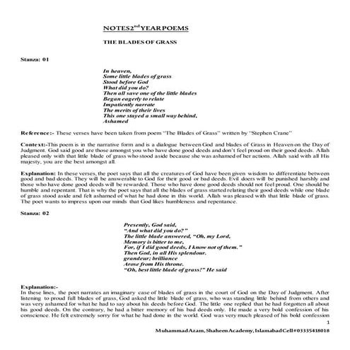 Poems notes 2nd Year English Federal Board/KPK