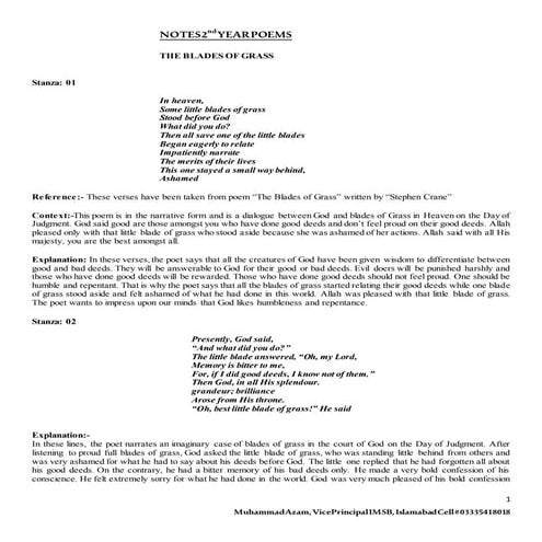 Poems notes 2nd Year English Federal Board/KPK