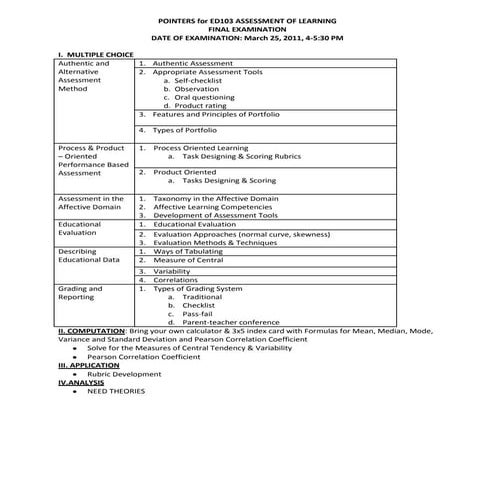 Pointers for ed103 assessment of learning2