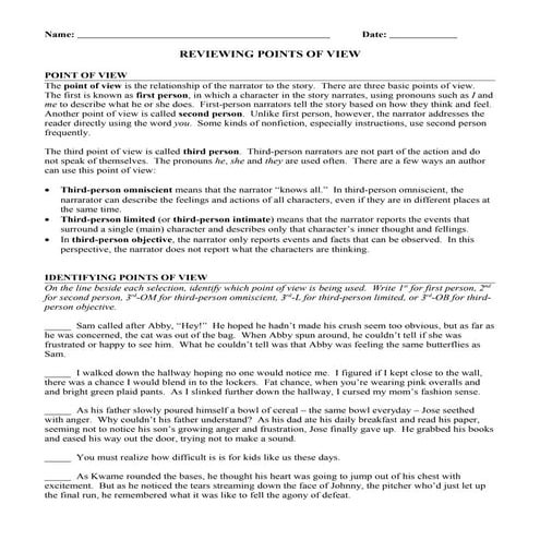 Point of view review worksheet
