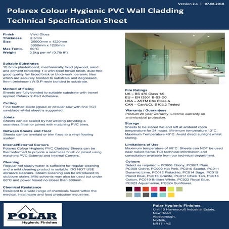 Polarex Colour Hygienic PVC Wall Cladding Specification Sheet