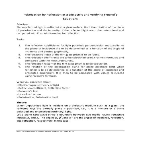 Polarization by reflection at a dielectric and verifying fresnel’s equations