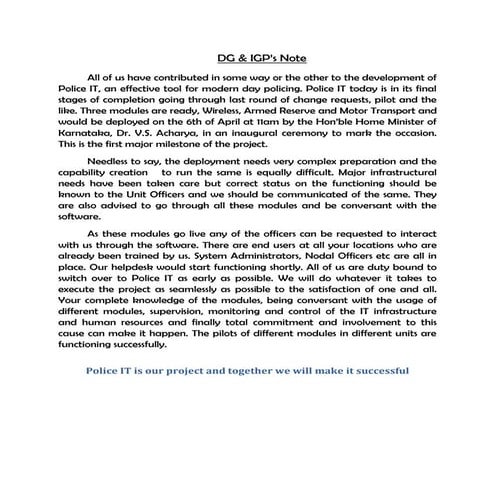 Police IT Inaurguration, DGP's Note to Officers