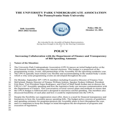 Policy 6.16 increasing collaboration with the department of finance and trans...