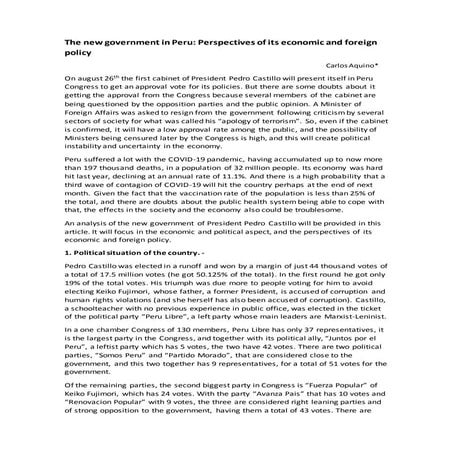 The new government in Peru: Perspectives of its economic and foreign policy