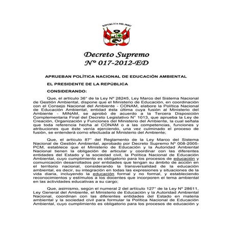 Politica nacional de educacion ambiental diciembre 2012