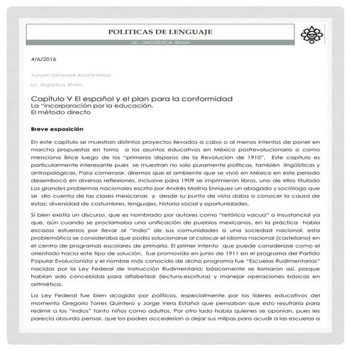 Politicas del lenguaje Mexico Postrevolucionario