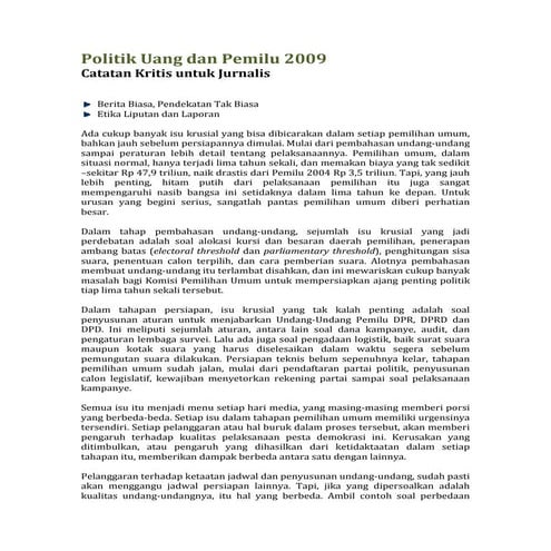 Politik Uang dan Pemilu 2009: Catatan kritis untuk jurnalis