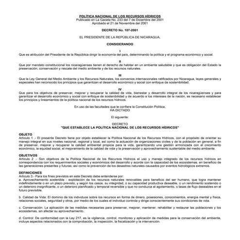 Política Nacional de los Recursos Hídricos en Nicaragua