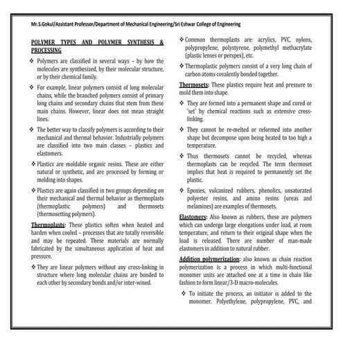 ME6403 -EMM - Polymer types and polymer synthesis