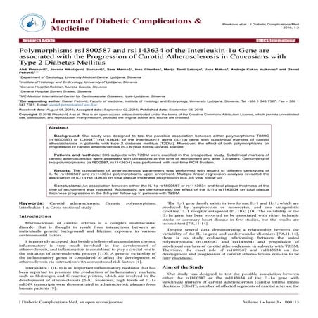 Polymorphisms rs1800587 and rs1143634 of the Interleukin-1α Gene are associated with the Progression of Carotid Atherosclerosis in Caucasians with Type 2 Diabetes Mellitus