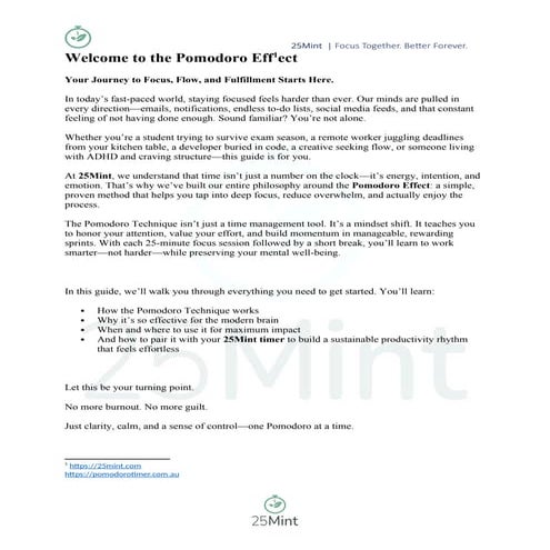 Free Pomodoro Tecnique Effect Guide -25mint - pomodorotimer.com.au