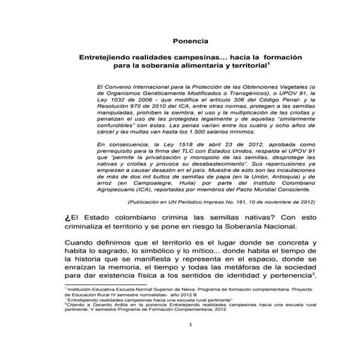 Ponencia 2012 B Entretejiendo realidades campesinas hacia la formación para l...