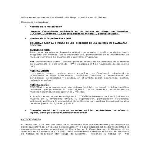 “Mujeres Comunitarias Incidiendo en la Gestión de Riesgo de Desastres.  CODEF...