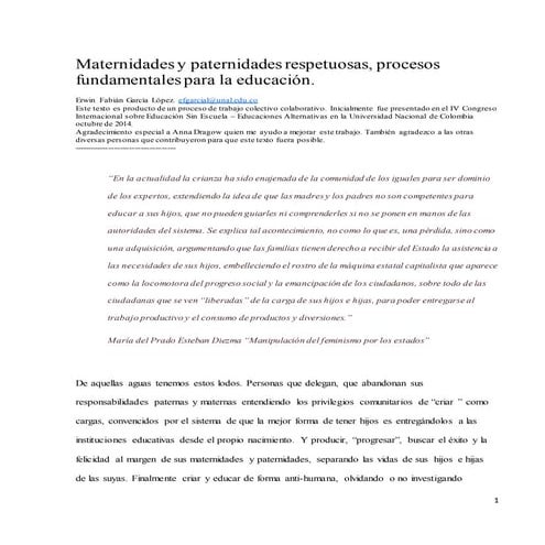 Maternidades y paternidades respetuosas, procesos fundamentales para la educa...