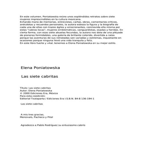 LAS SIETE CABRITAS. DE ELENA PONIATOWSKA 
