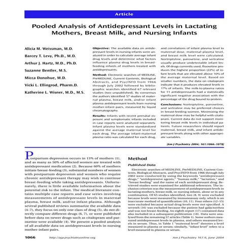 Pooled Analysis Of Antidepressant Levels In Lactating Mothers, Breast Milk, A...