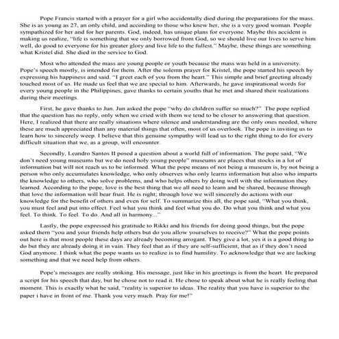 Popes message for youth in phil reflection