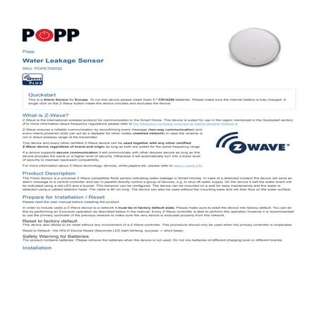 Leak water  Flood Sensro Popp 700052 Manual