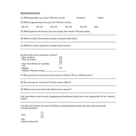 Pop rock questionnaire