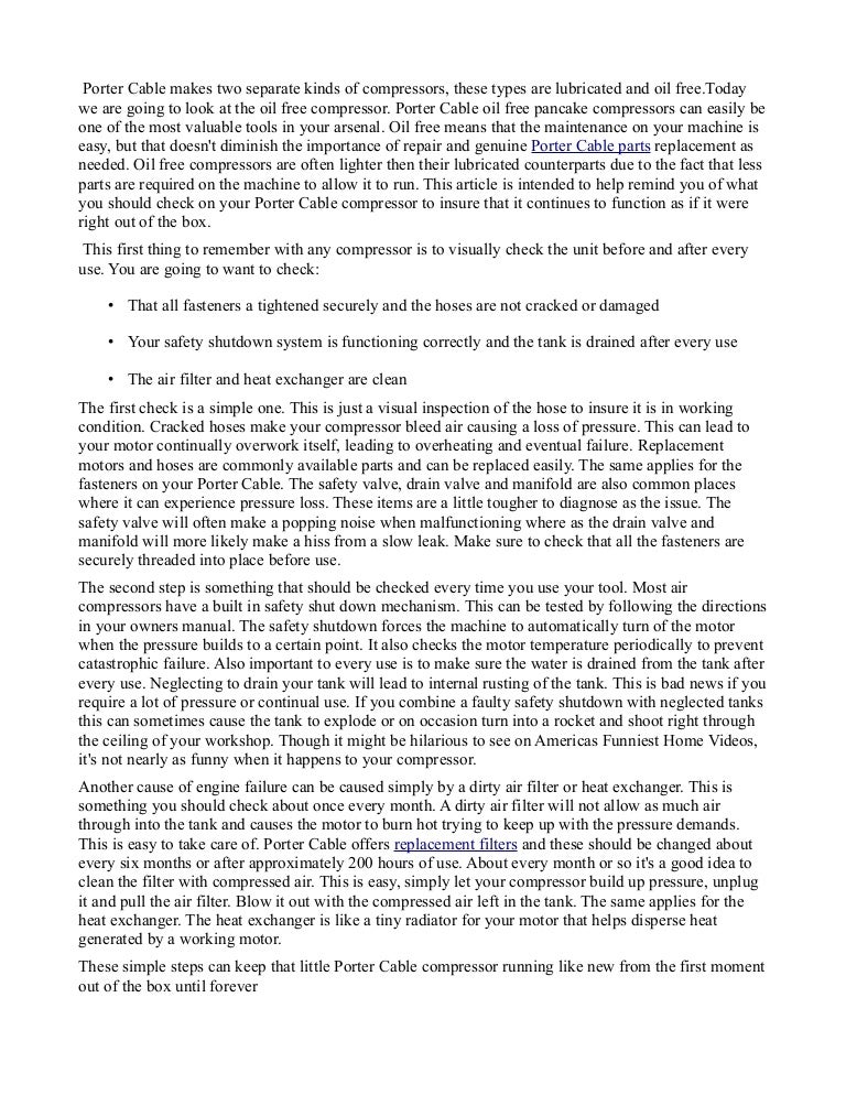 Porter Cable Compressor Parts and Maintainence