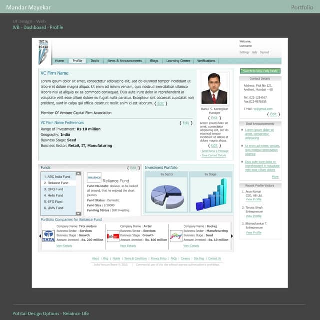 India Venture Board and Reliance Life - Intranet Ui options