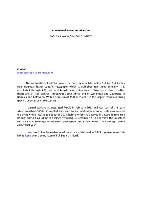 Portfolio of S.R. Allardice from Full Sus Newspaper