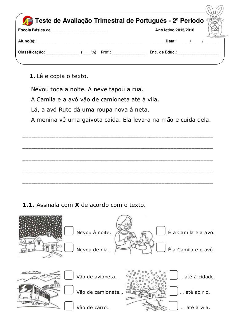 teste de avaliação trimestral português 1º ano