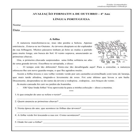 Português 4º ano  avaliação outubro