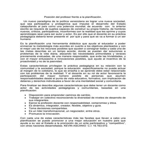 Posición del profesor frente a la planificación