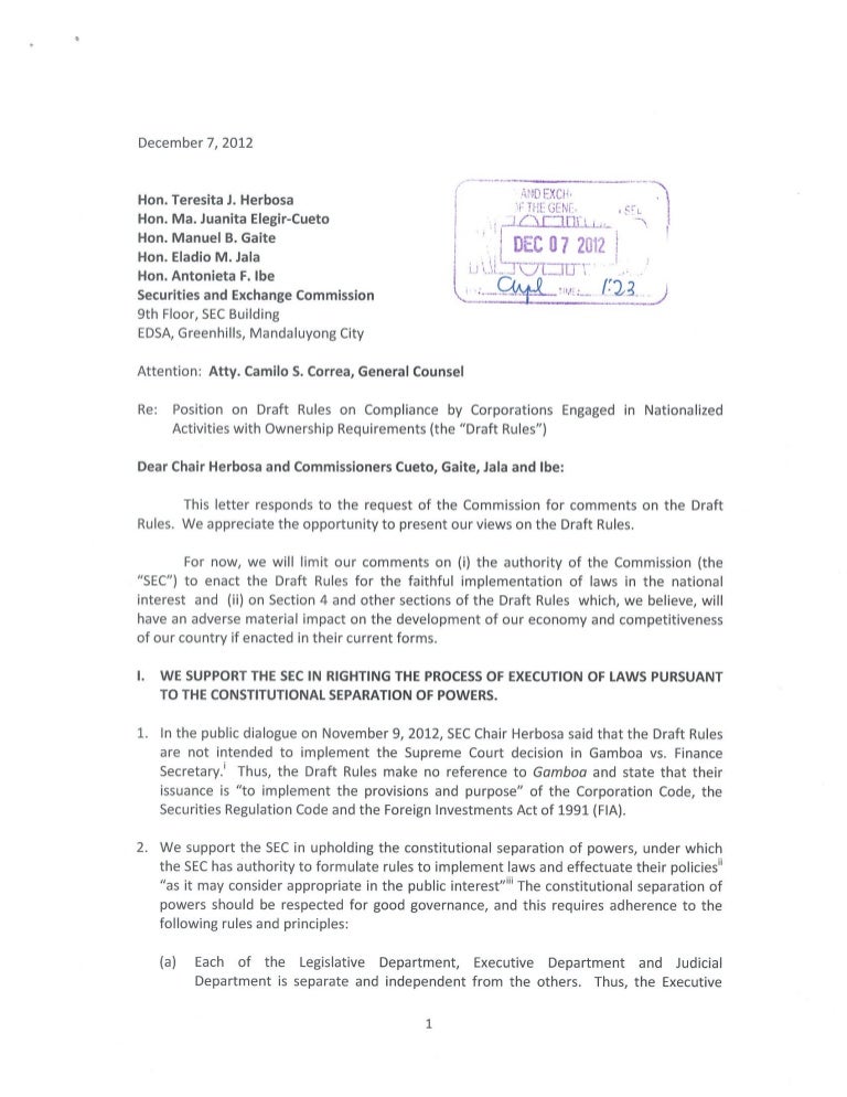 SEC Draft Rules on Foreign Ownership (Position Paper)