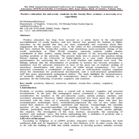 Positive education for university students in the twenty first century a nece...