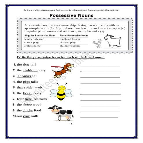 Possessive Nouns Worksheet + Answers  5minuteenglish.blogspot.com