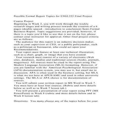 Possible Formal Report Topics for ENGL225 Final ProjectCourse .docx